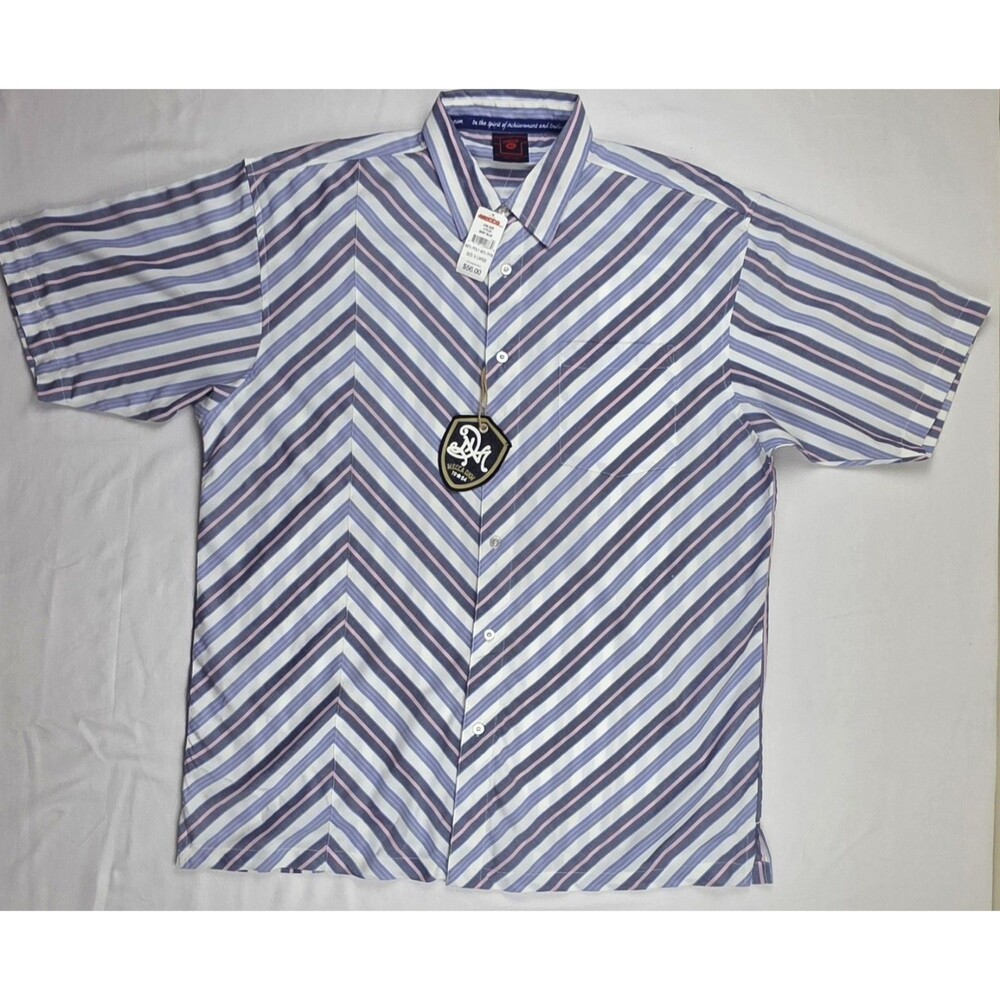 Vintage Mecca Men's XL Blue and Pink Striped Button Up, Short Sleeve Shirt.